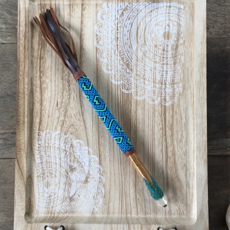 Shipibo-Konibo Beaded Wand with Tassels - Blue & Green with Quartz Point